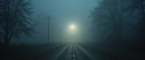 Mysterious foggy night drive abandoned road photography mysterious atmosphere wide-angle view intriguing concepts