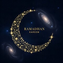 A celestial crescent moon shining brightly with stars and galaxies in the dark night sky