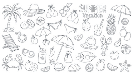 Obraz premium Summer vacation icons and symbols in doodle style Vector, illustration