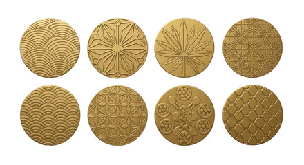 Collection of intricately designed golden medallions isolated on transparent background