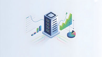 Isometric Server Illustration with Data Visualization Charts and Graphs for Business Analytics and Reporting