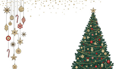 Decorated christmas tree with ornaments isolated on transparent background