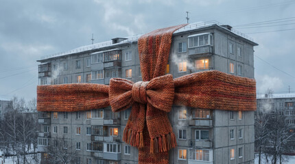 Old soviet era apartment building wrapped in a large knitted wool scarf. House thermal insulation concept