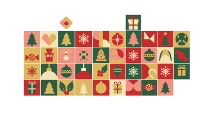 A festive grid of holiday-themed icons, including Christmas trees, ornaments, gifts, and candy canes, arranged in a colorful mosaic pattern.