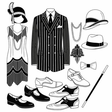 Roaring 20s fashion collection with flapper dress, pinstripe suit, and elegant accessories for vintage events and Gatsby themed parties, stylish vector set
