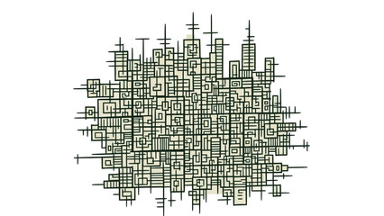 Abstract architectural drawing featuring a complex network of interconnected geometric shapes and lines.