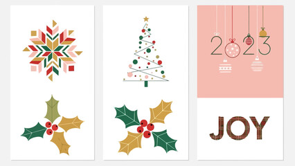 A collection of three festive Christmas and New Year's greeting card designs featuring holiday motifs.