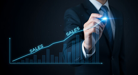 Businessman drawing a glowing line graph showing increasing sales and business growth on a dark background