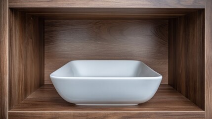 Elegant White Ceramic Bowl Displayed on Modern Wooden Shelf in Stylish Contemporary Kitchen Setting Featuring Warm Tones and Minimalist Aesthetic