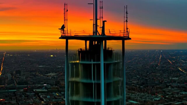 Twilight descends over the sprawling cityscape as a prominent tower rises against the vibrant hues of a sunset. the intricate network of city lights begins to twinkle, creating a stunning urban panora