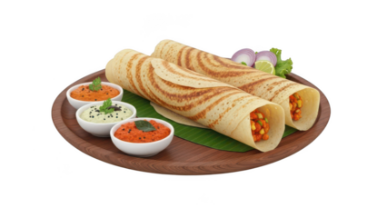 Indian Dosa with Three Chutneys and Garnishes on Banana Leaf Description: Two golden-brown crepes isolated on a transparent background