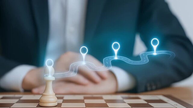 Business strategy concept with chess piece and digital roadmap planning success path visualization in office environment hand moving chess pawn symbolizing strategic planning and goal achievement