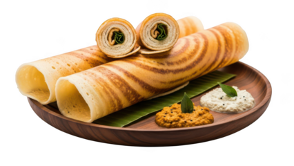 Indian Masala Dosa with Coconut Chutney and Sambar on Banana Leaf Keywords: dosa, indian food isolated on a transparent background