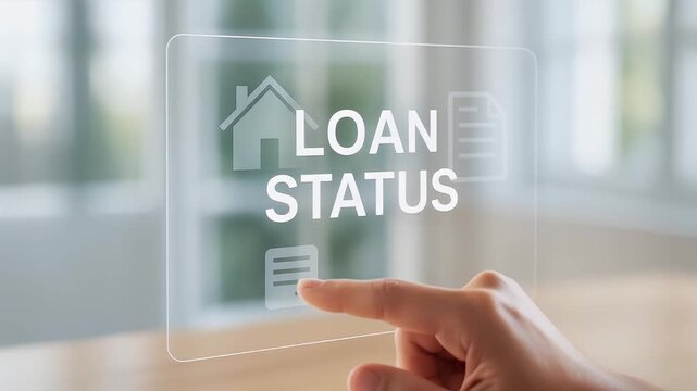 Loan status concept with hand pointing transparent screen showing financial approval, mortgage application process, financial document icons, house symbol, business technology interface and banking