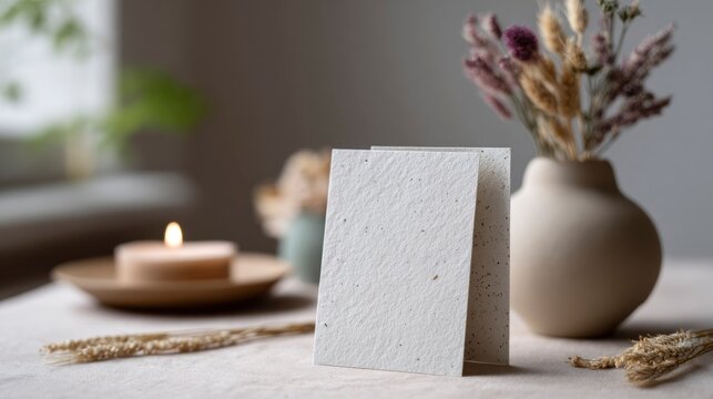 Plantable seed paper cards presented on natural linen surface with decor  