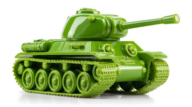 Green Plastic Toy Tank - Detailed Close-up on White Background.