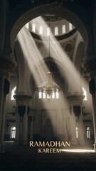 Sunlight streams through arches in a grand mosque during Ramadan, illuminating the interior with a serene ambiance