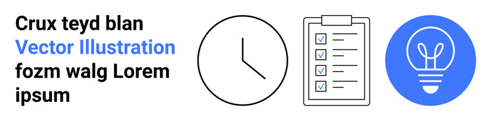 Time management, productivity tools, organization strategies, workflows, business planning, creativity concept. ion of a clock, checklist and light bulb. Time management and productivity tools theme © robu_s