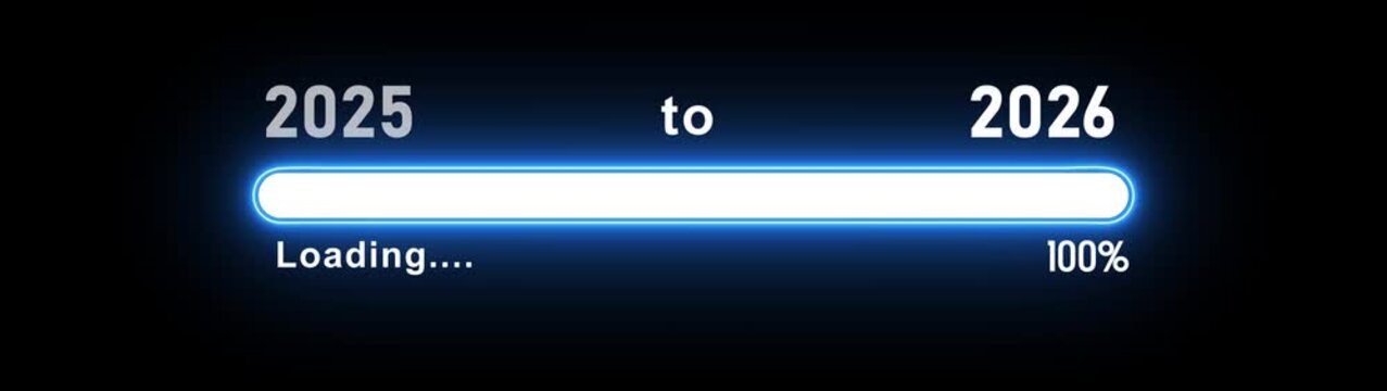 New year 2026 loading bar animation, Loading bar from 2025 to 2026 new year transfer animation. Almost reaching New Year on black background. Welcoming the happy new year 2026. rectangle box. 4k
