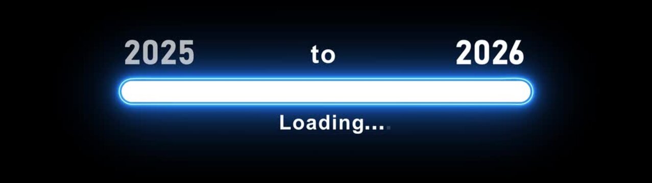 New year 2026 loading bar animation, Loading bar from 2025 to 2026 new year transfer animation. Almost reaching New Year on black background. Welcoming the happy new year 2026. rectangle box. 4k