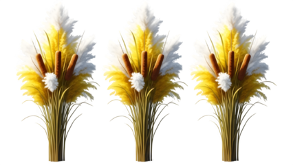 Three bundles of artificial yellow and white feathery flowers