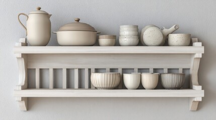 Elegant Display of Neutral Kitchenware on Wooden Shelf Featuring Contemporary Pottery and Cookware in Soft Earthy Tones for Stylish Interior Design