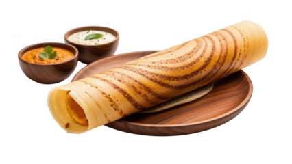 Rolled Dosa with Chutneys on a Wooden Plate on White Background indian food cuisine isolated on a transparent background