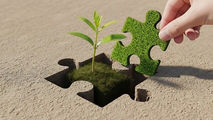 A growing plant sprouts from a puzzle piece fitting into the earth