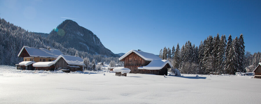 Winterlandschaft mit frischem Schnee B&auml;umen und H&uuml;tten mit bergen im Hintergrund