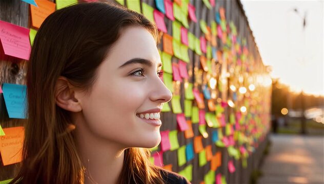 Mujer  parada frente a un muro infinito de notas adhesivas de colores brillantes