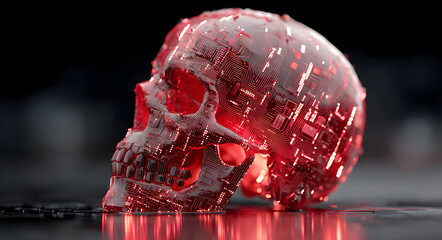 Red digital skull composed of circuit board elements on a dark background with flowing data. Cybercrime, hacking, and data security concept.