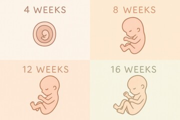 The graphic shows the growth of a fetus in four stages 4 weeks, 8 weeks, 12 weeks, and 16 weeks, illustrating fetal development.