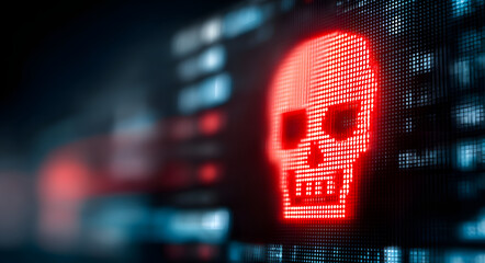 Red skull warning sign on digital screen with blurred code. Cybercrime alert, data breach, and virus attack concept.