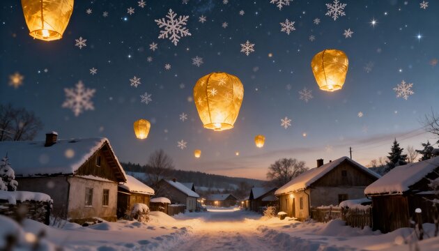 Golden Lanterns Floating Above Snowy Mountain Village