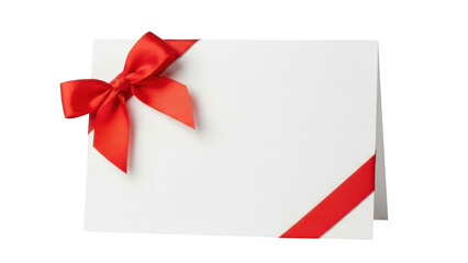 White Card with Red Ribbon Bow and Diagonal Ribbon Accent on White Background invitation isolated on a transparent background