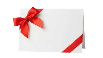 White Card with Red Ribbon Bow and Diagonal Ribbon Accent on White Background invitation isolated on a transparent background