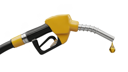 Yellow Gas Pump Nozzle with Dripping Fuel Drop on Black Background graphic design isolated on a transparent background