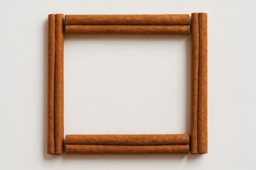 Square frame made of cinnamon sticks on a white background, simple and clean design