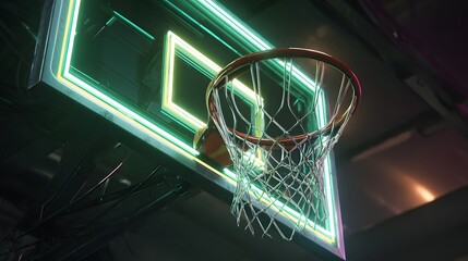 Illuminated Basketball Hoop with Glowing Neon Lights in Dark Environment.
