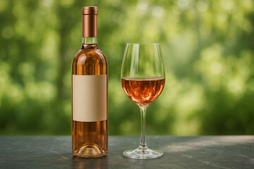 自然の中で飲むロゼワイン　背景が新緑の庭　ピクニック