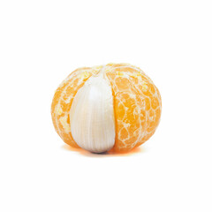 Peeled tangerine with garlic clove on white background