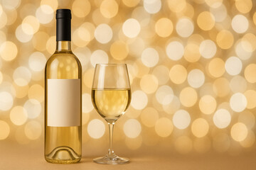 白ワインとワインボトル　イルミネーションの背景