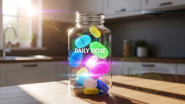 Daily dose of colorful pills in jar.