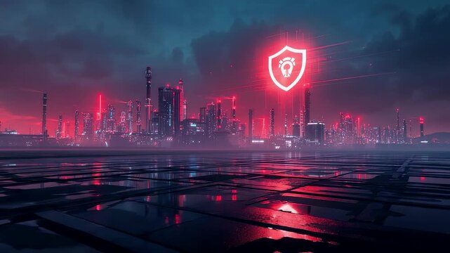 Neon Red Cyber Cityscape at Night with Glowing Shield Icon Above Wet Reflective Platform