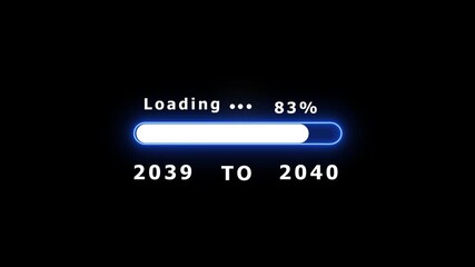 Digital loading bar at 49 percent completion, indicating progress from year 2039 to 2040 with neon blue accents
