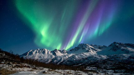 Fototapeta premium Vibrant Northern Lights Aurora Borealis Over Snowy Mountain Ridge