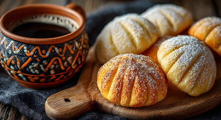 Sweet mexican bread conchas on a wooden board with coffee. Traditional pastries and hot drink for breakfast or snack.