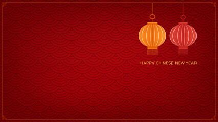 Chinese New Year background featuring a deep red textured wave pattern and two stylized hanging lanterns in orange and red. © JIRAPAT WATTANAVIPAT