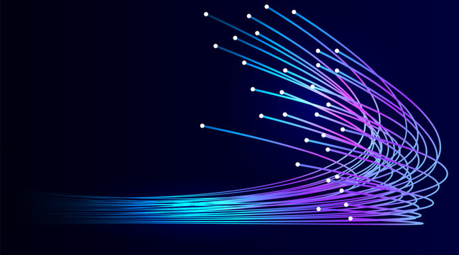 Optical fiber with a data flow. Optical fiber on a dark background. Abstract digital technology background.
