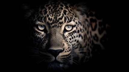 Naklejka premium Intense Gaze - A Captivating Portrait of a Leopard Emerging from Darkness.